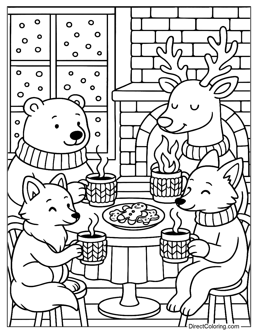 Animals such as polar bears, snow foxes, and reindeer sit around a fireplace in a cafe, drinking hot coffee from wool-covered mugs coloring page